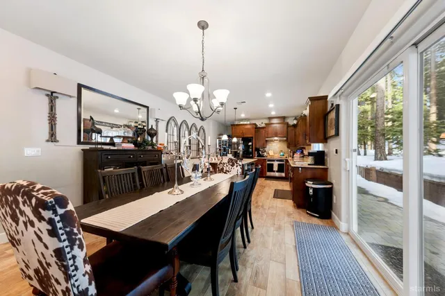 a dining room filled with furniture and wooden floor