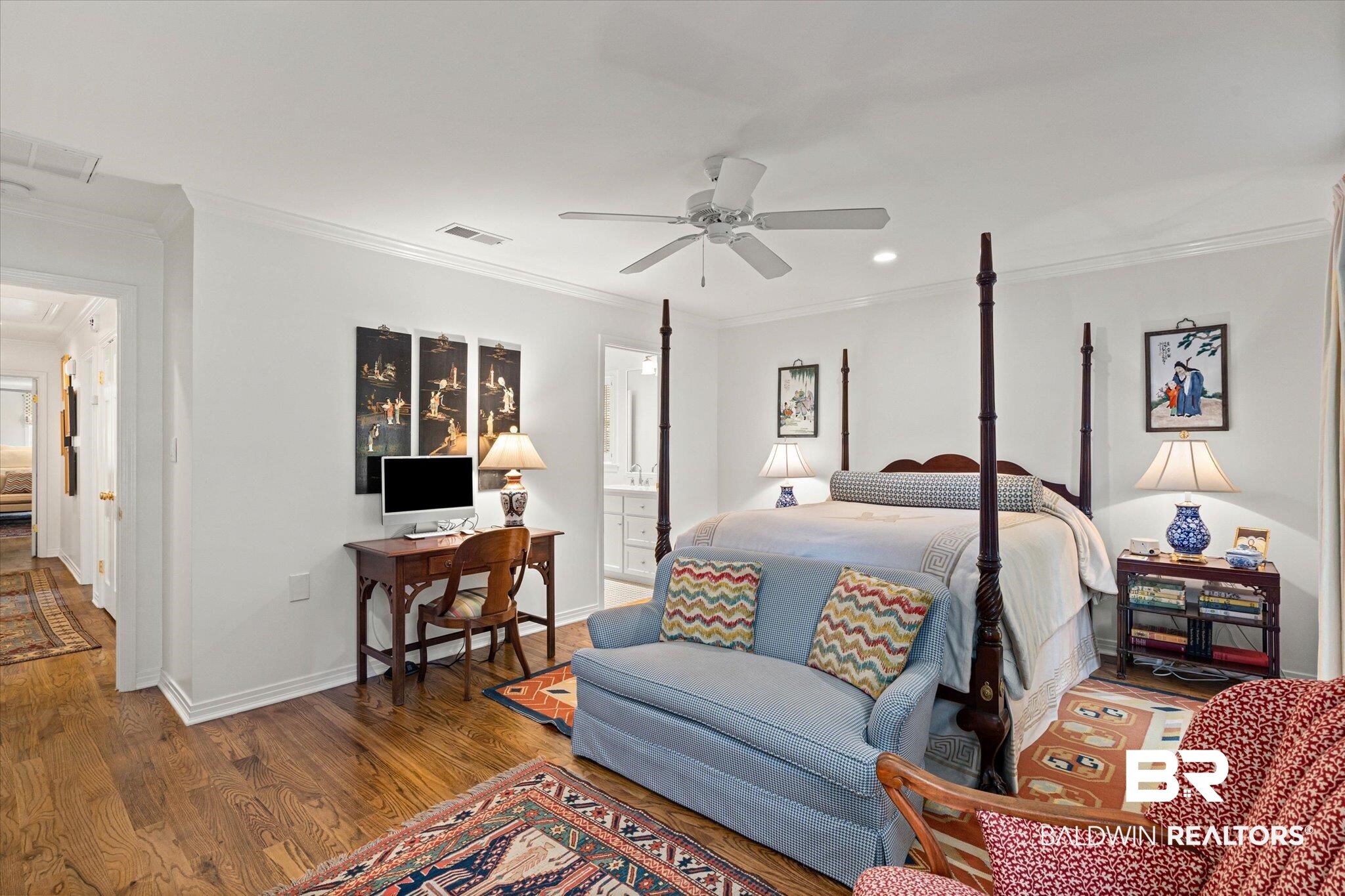 3612 Linden Lane Mobile, AL 36608 - Photo 27 of 42 Bedroom featuring ornamental molding, wood finished floors, recessed lighting, ensuite bathroom, and ceiling fan