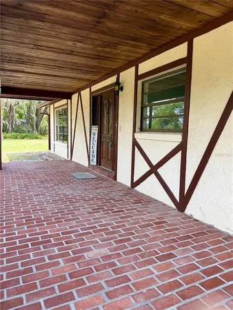 a view of a backyard with plants and large trees