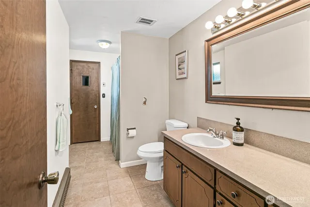 a bathroom with a sink a toilet a large mirror and shower