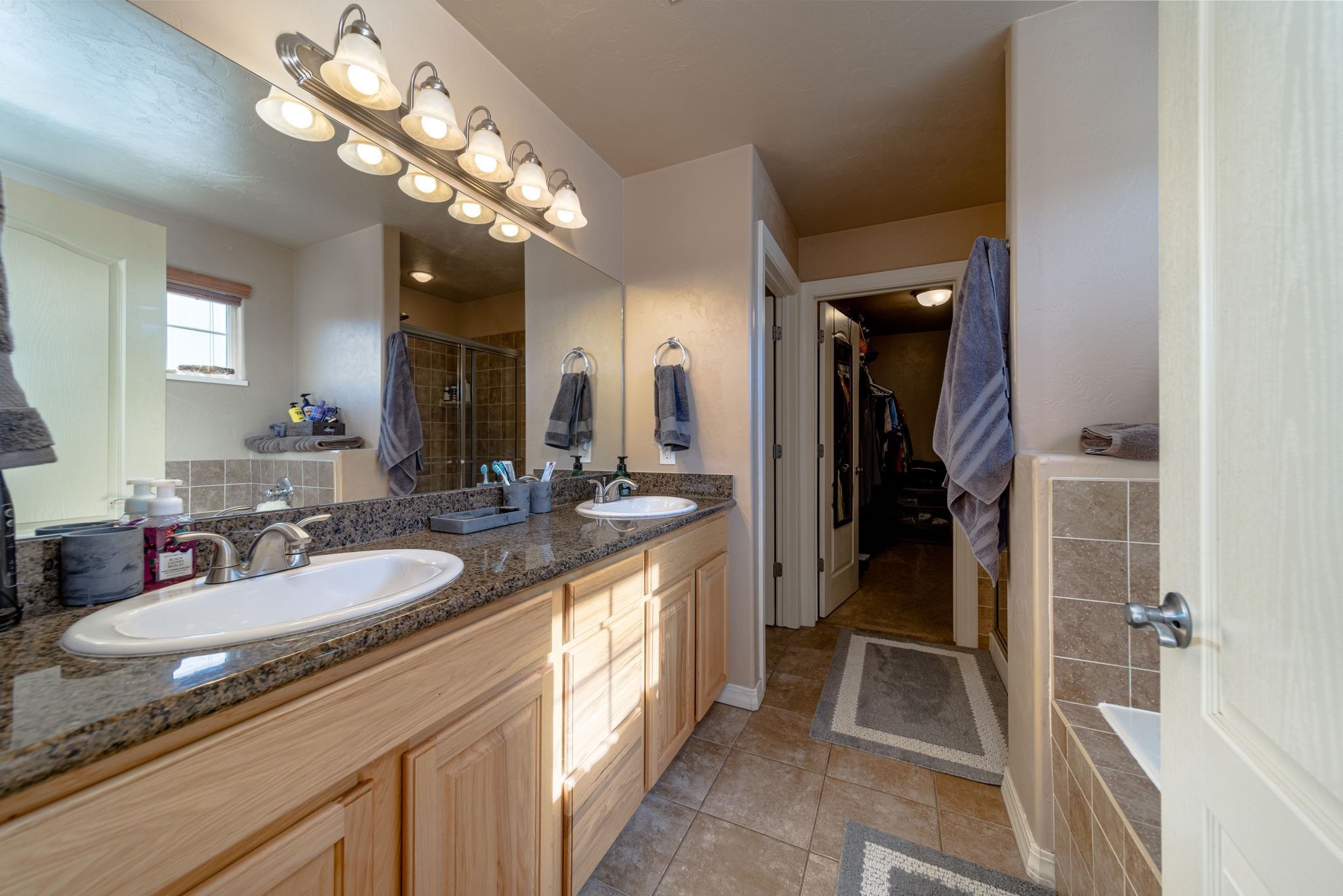 1124 West Addington Lane Fruita, CO 81521 - Photo 14 of 25 a bathroom with a granite countertop sink a light fixture and a mirror