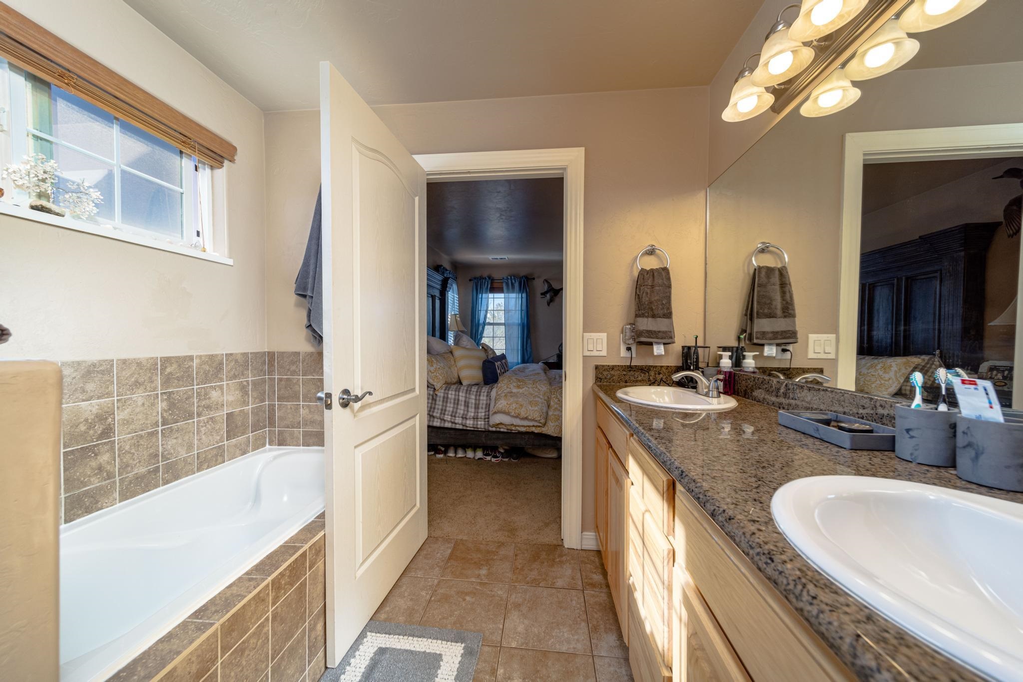 1124 West Addington Lane Fruita, CO 81521 - Photo 15 of 25 a bathroom with a granite countertop tub a double vanity sink a mirror and a shower