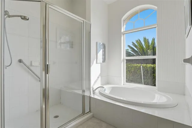 a bathroom with a bathtub and a shower