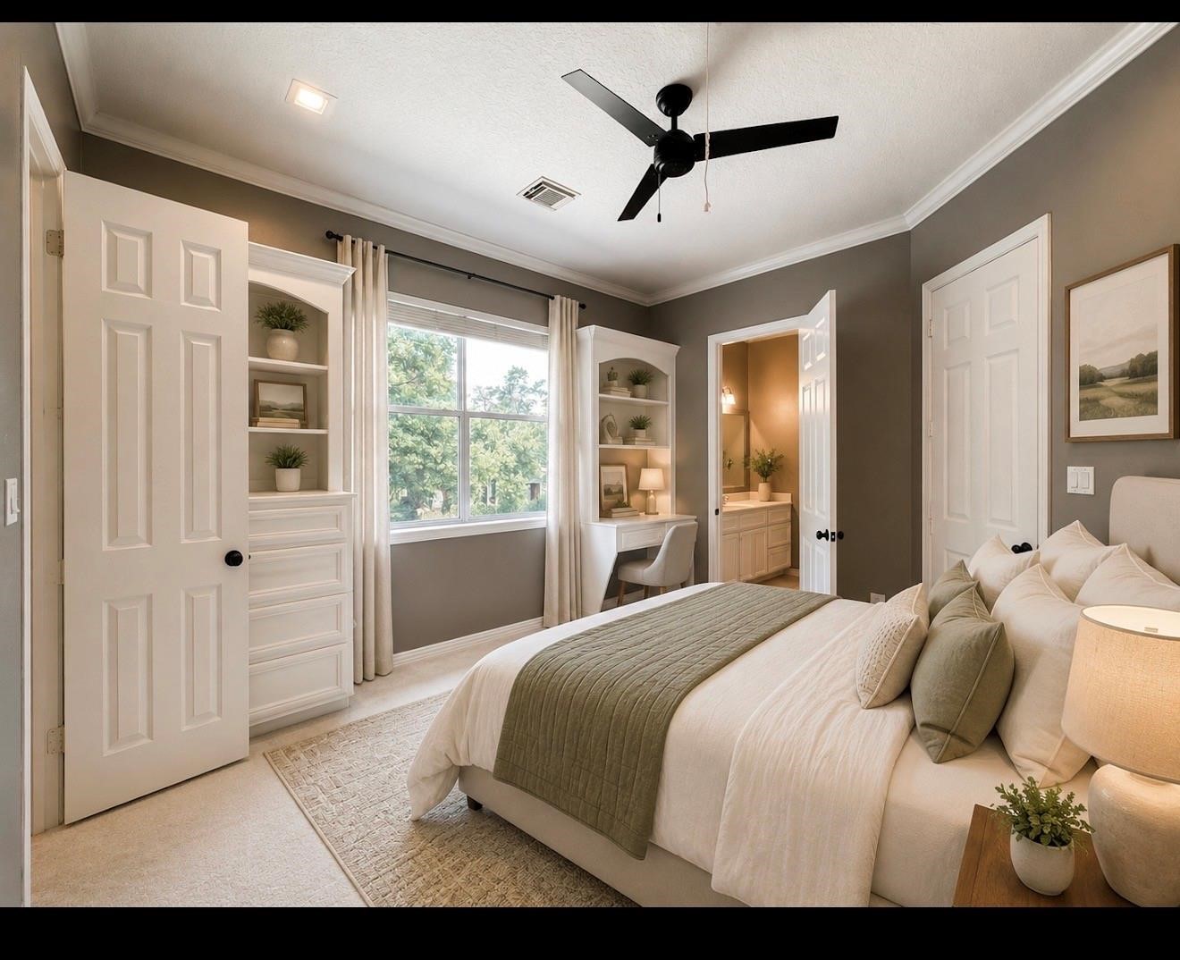 1810 Woerner Road Houston, TX 77090 - Photo 32 of 39 This bedroom features a cozy and elegant design with neutral tones. It includes a comfortable bed, built-in shelves, and a desk by the window offering natural light. The room also has an en-suite bathroom and a ceiling fan for comfort.