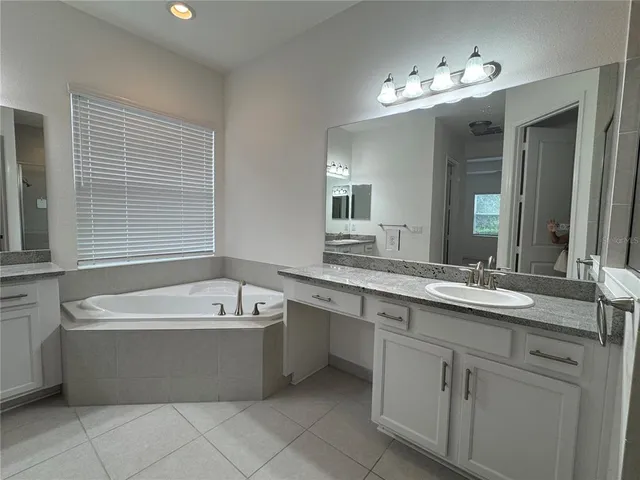 a bathroom with a tub a sink and mirror