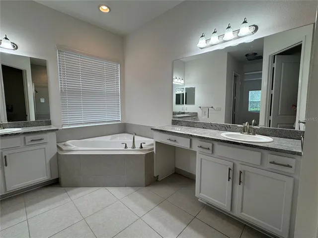 a bathroom with a tub a sink double vanity and a mirror