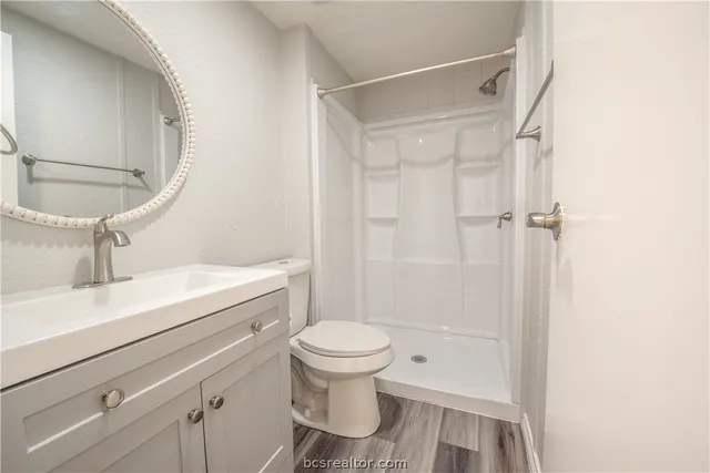 a bathroom with a sink a toilet and shower