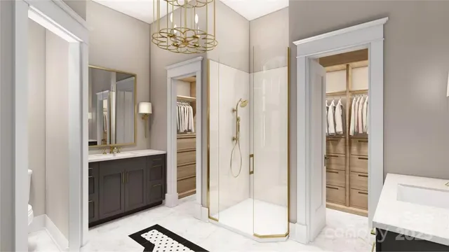 a bathroom with a tub shower and sink