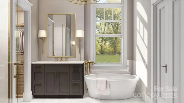 a bathroom with a tub sink and mirror