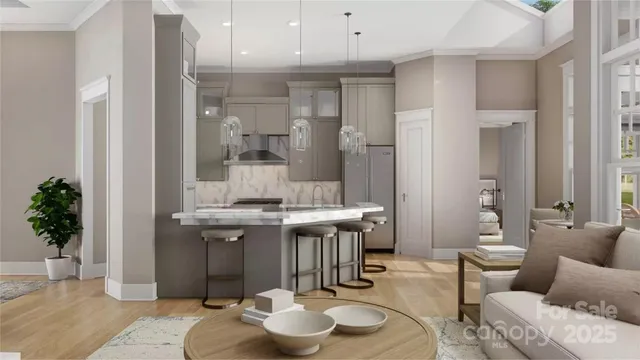 a kitchen with a table and chairs