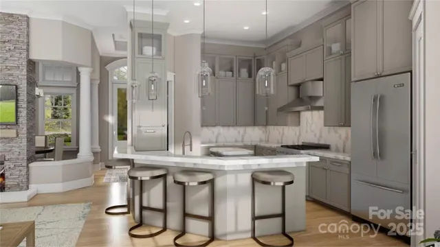 a kitchen with stainless steel appliances granite countertop a sink a stove and a refrigerator