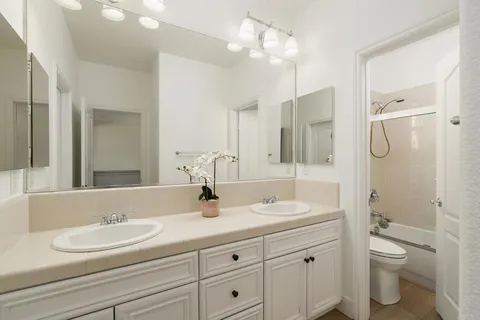 a bathroom with a double vanity sink mirror and toilet
