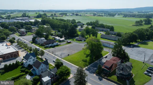 an aerial view of green landscape with trees houses and mountain view