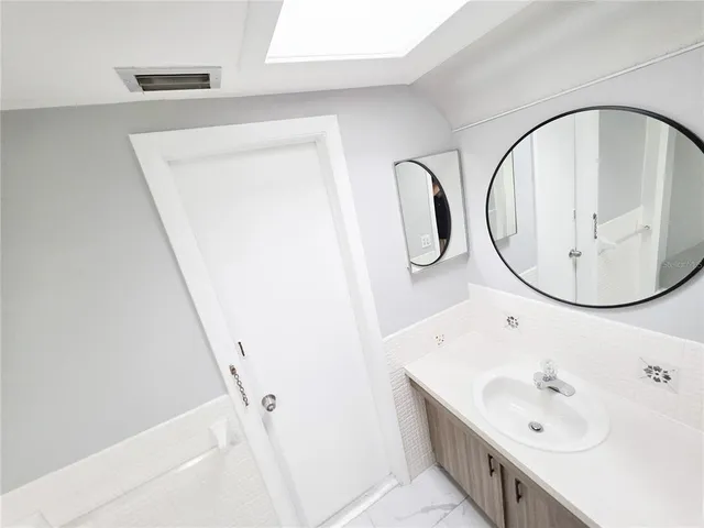 a bathroom with a sink and a mirror