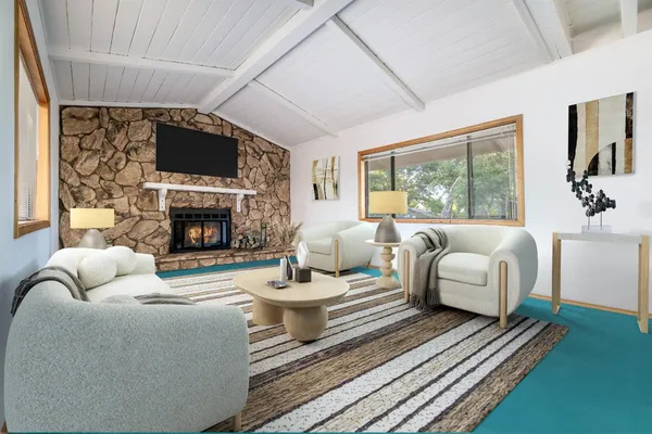a view of a kitchen with a large window