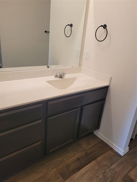 14917 Gypsum Mill Road Manor, TX 78653 - Photo 21 of 28 A refined bathroom vanity featuring ample cabinet storage, a pristine countertop, and a sleek mirror.