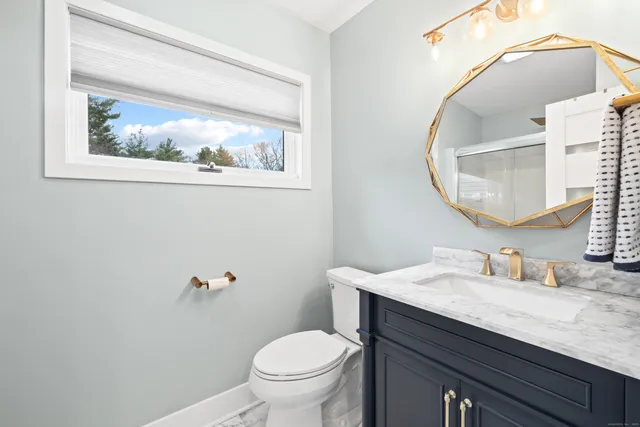 a bathroom with a toilet a sink and mirror