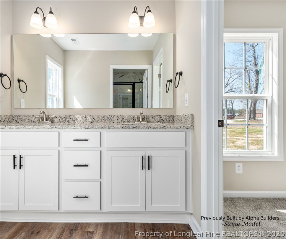 973 Martin Road St. Pauls, NC 28384 - Photo 7 of 19 Primary bathroom featuring dual granite vanity and modern finishes.
