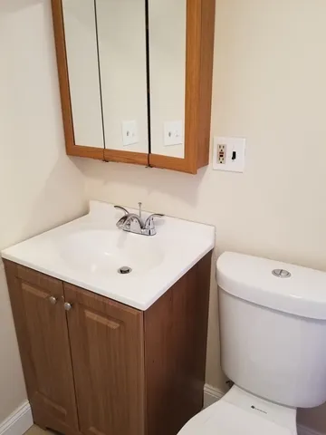 a bathroom with a sink a toilet and mirror