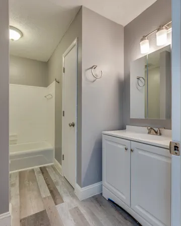 a bathroom with a sink and mirror