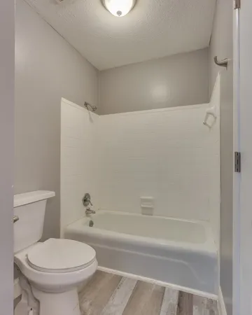 a white toilet sitting next to a bath tub