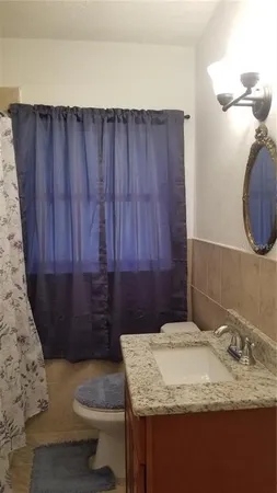 a bathroom with a granite countertop sink and a toilet