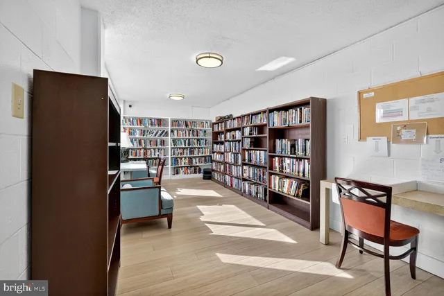 a living room with furniture and a book shelf