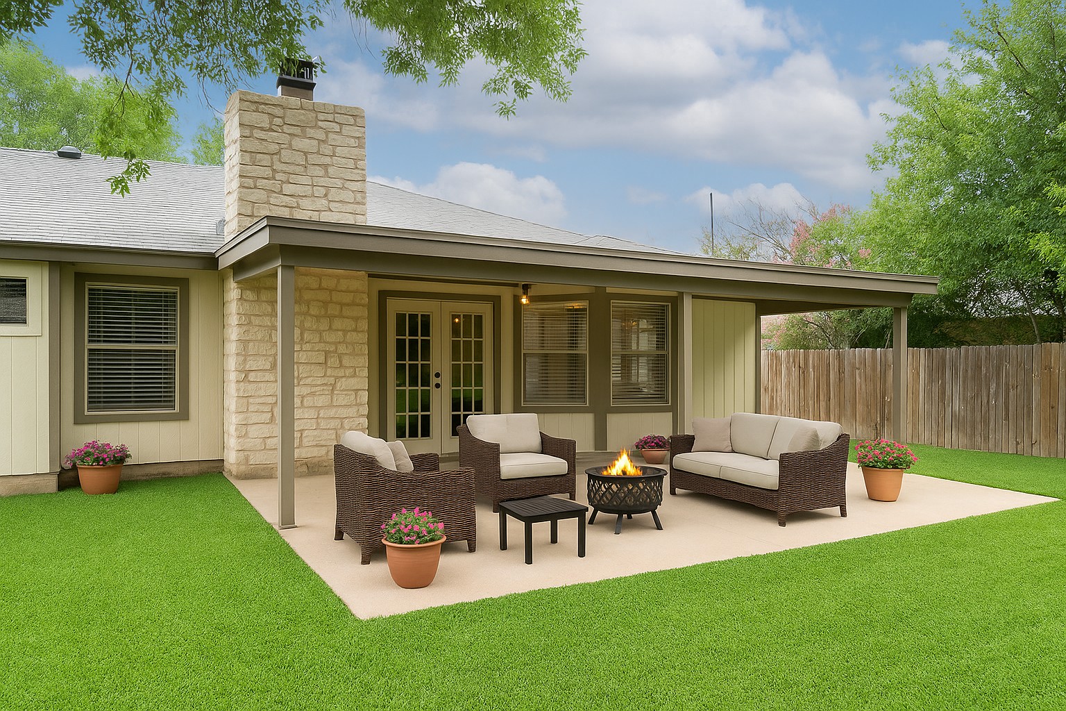 910 Garden View Drive Georgetown, TX 78628 - Photo 3 of 33 a view of a patio with couches chairs and a table and chairs with wooden fence