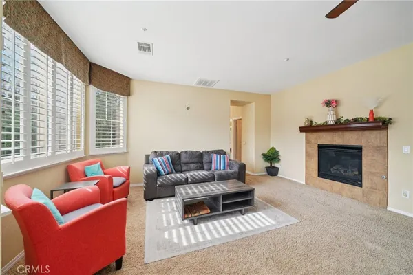 a living room with furniture and a fireplace