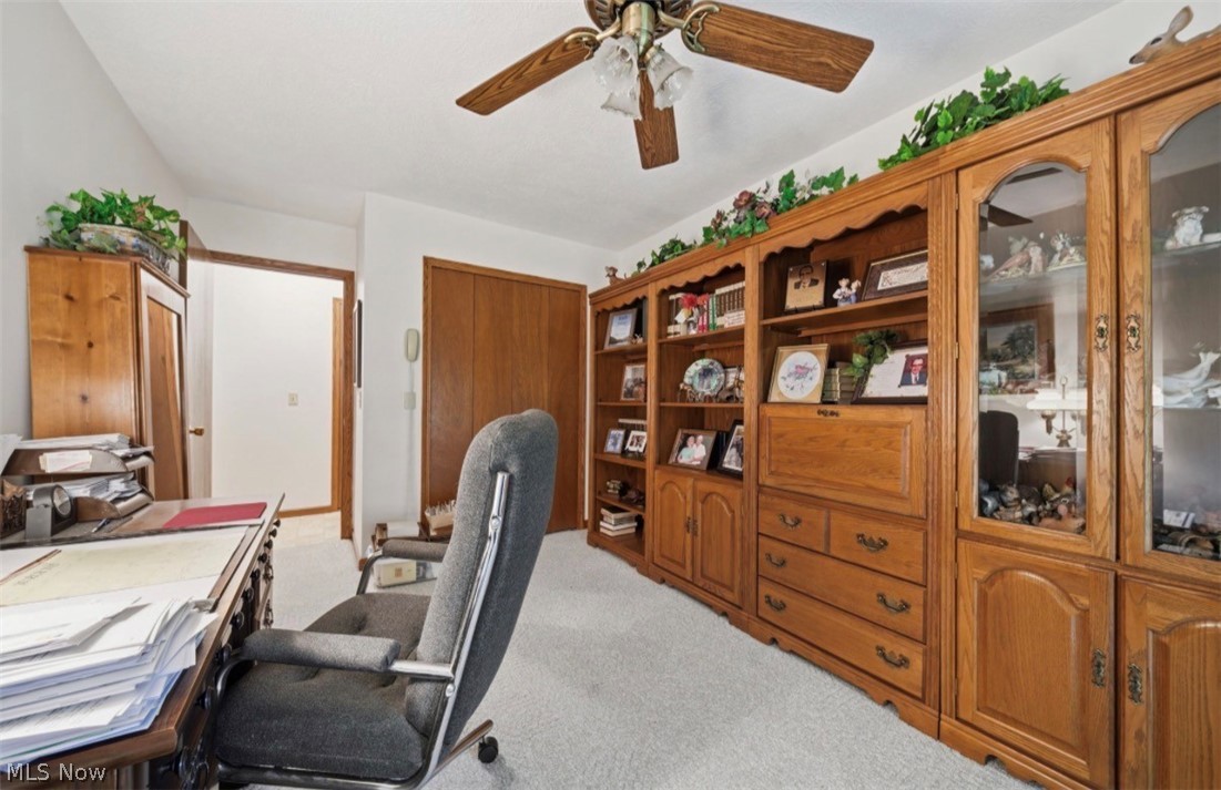 3556 Lake Road Conneaut, OH 44030 - Photo 6 of 39 Room featuring extensive built-in wooden cabinetry, a wood-finish ceiling fan, and light-toned carpeting