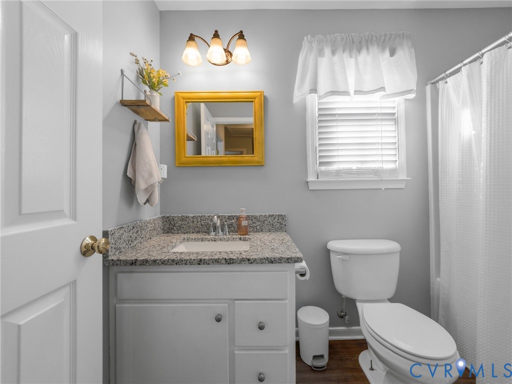 206 Rustic Drive Carson, VA 23830 - Photo 36 of 51 a bathroom with a granite countertop toilet sink and mirror