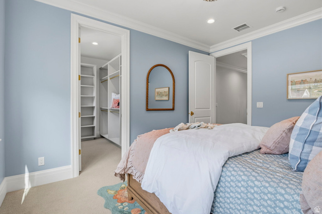 115 East Hidden Ridge Lane, Unit 42 Mapleton, UT 84664 - Photo 52 of 103 Bedroom featuring crown molding, neutral carpeting, and a built-in walk-in closet with shelving
