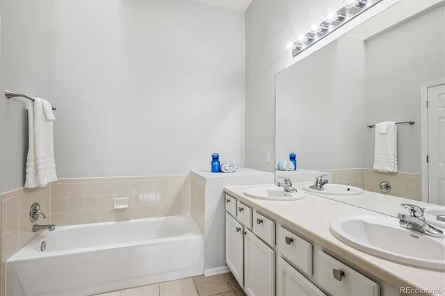 a bathroom with a tub sink and mirror