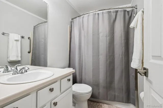 a bathroom with a sink a toilet and shower curtain