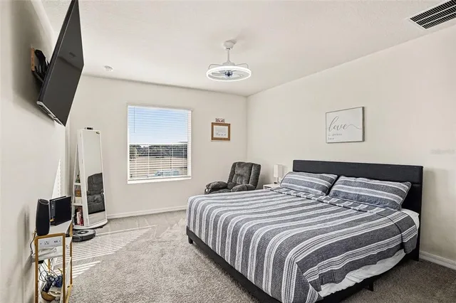 a bedroom with bed tv and window