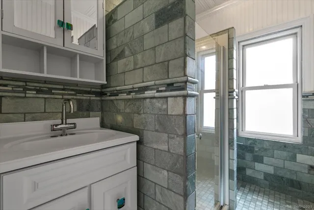 a outdoor space with a fireplace