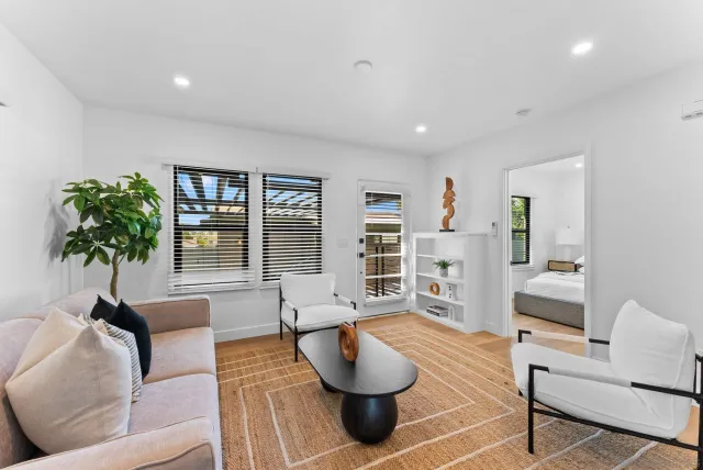 a living room with furniture and a potted plant