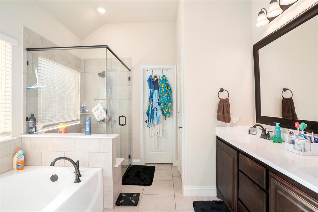 1076 Imperial Eagle Road Alvarado, TX 76009 - Photo 17 of 32 a bathroom with a tub sink a mirror a vanity and shower