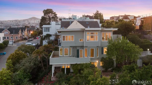 an aerial view of a house with outdoor space and street view