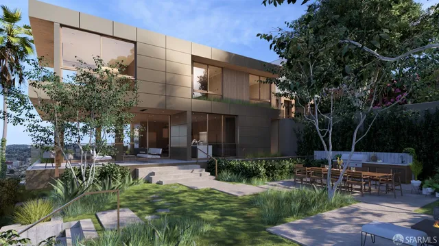 a view of a patio with table and chairs potted plants and large tree