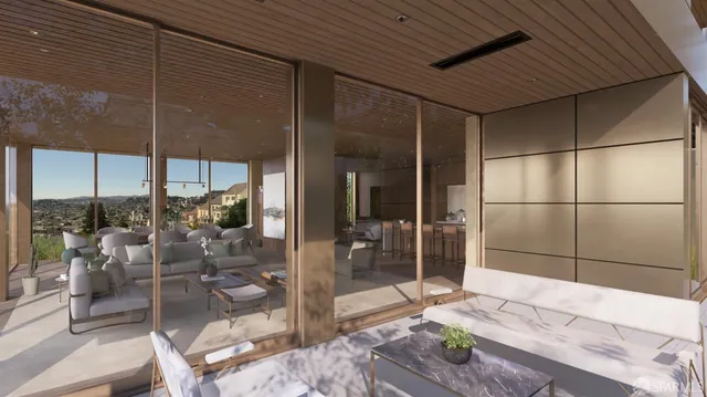 a living room with lots of furniture and a large window