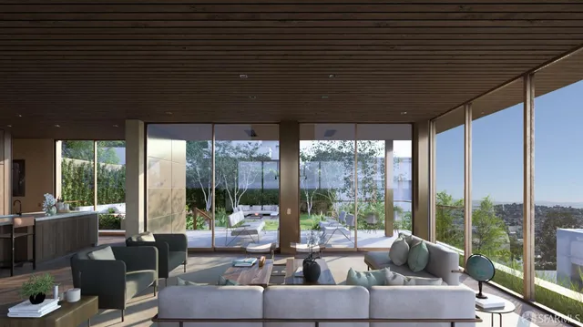 a living room with furniture and a floor to ceiling window