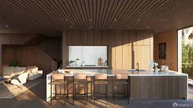 a view of a hallway with wooden floor and furniture