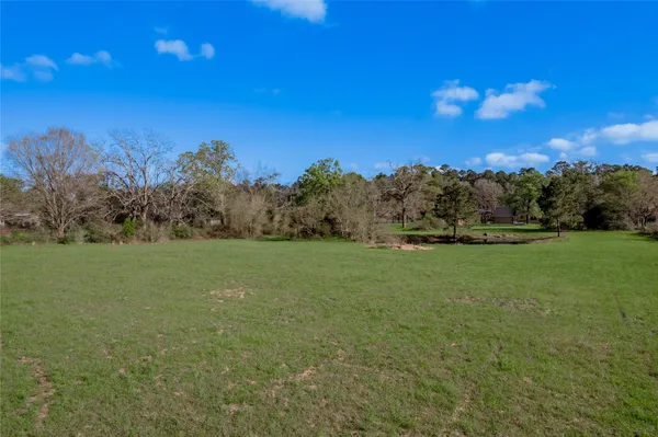 a view of a field with trees in background