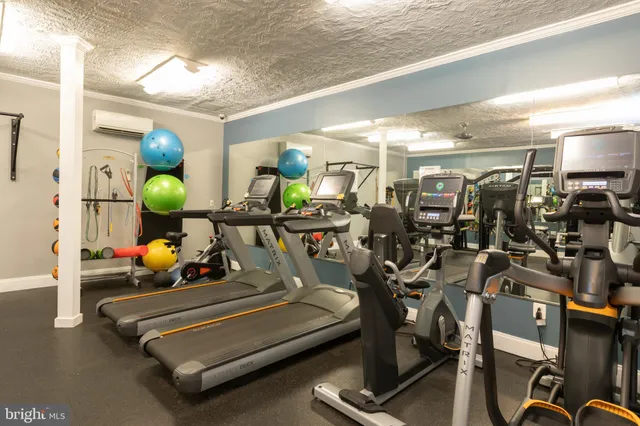 a living room with gym equipment
