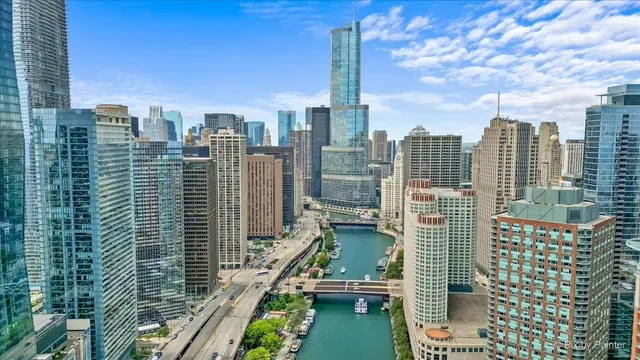 a city view with tall buildings
