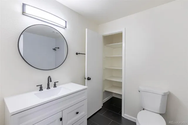 a bathroom with a toilet sink a mirror and vanity