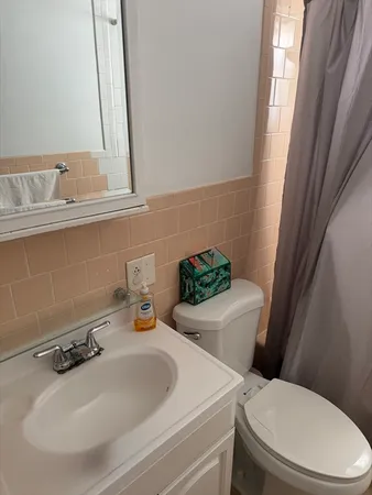a bathroom with a sink a toilet and a mirror