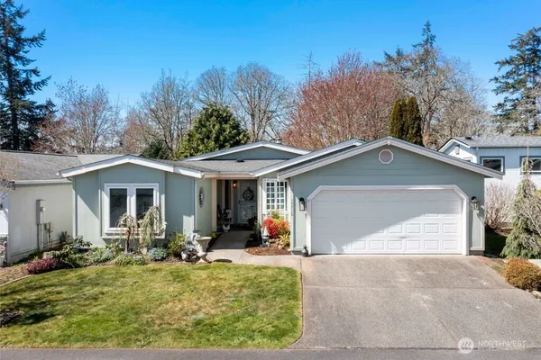 a view of a white house with a yard plants and large tree