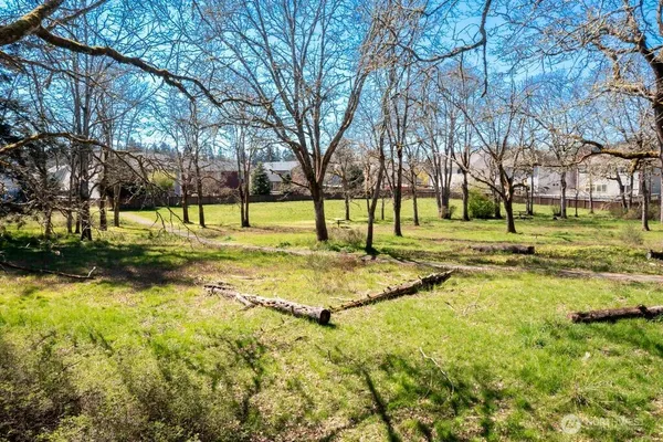 a view of a park with swings and slides